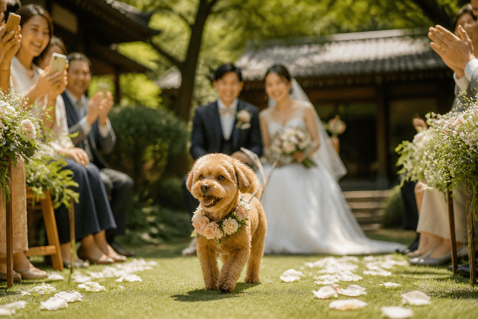 ガーデンウェディングで愛犬と一緒に参加するイメージ