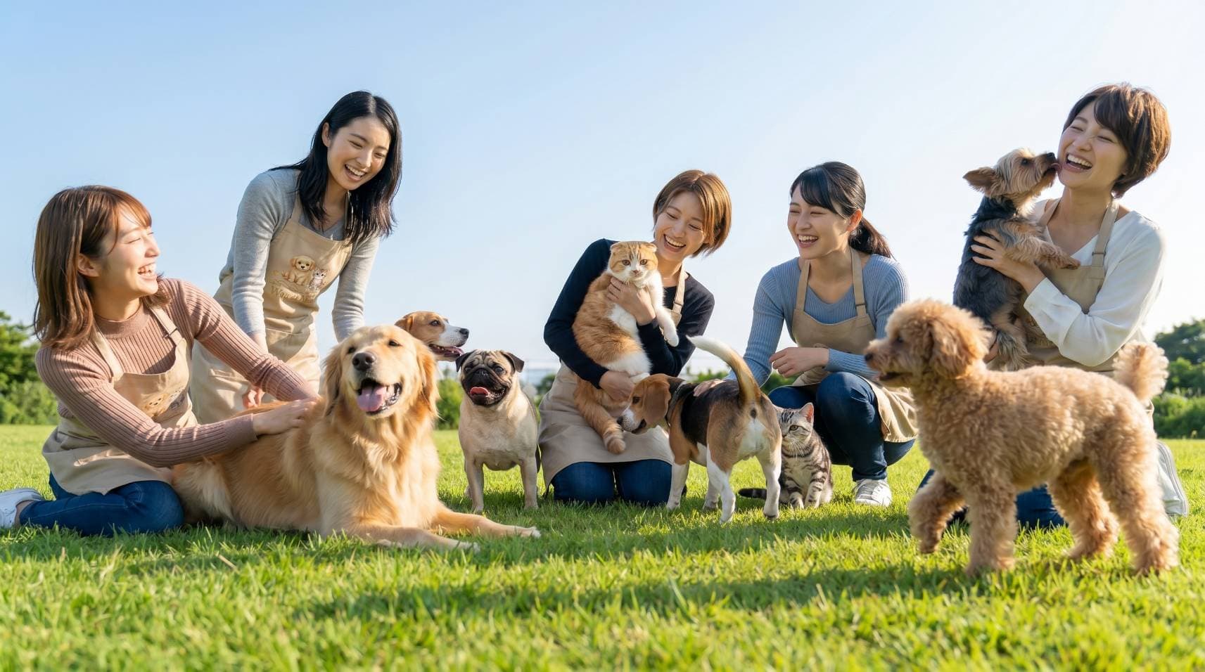ペットシッターのスタッフと犬や猫たち