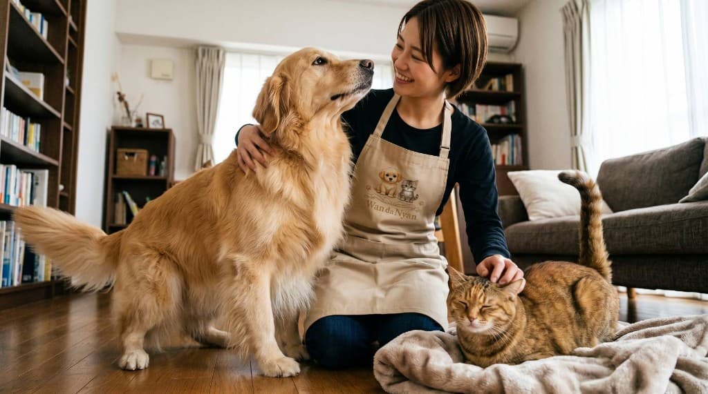 エプロン姿のペットシッターが犬と猫と一緒にくつろぐ様子