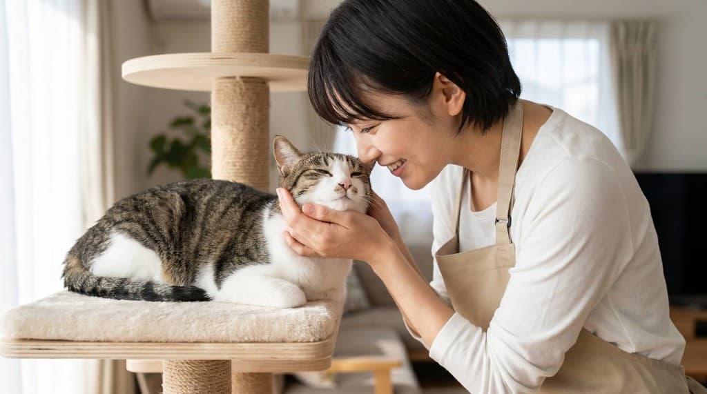 エプロン姿のペットシッターが猫と額を寄せ合って触れ合っている様子