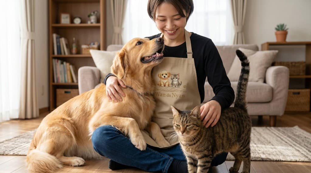 エプロン姿のペットシッターがゴールデンレトリバーと猫とリビングでくつろぐ様子