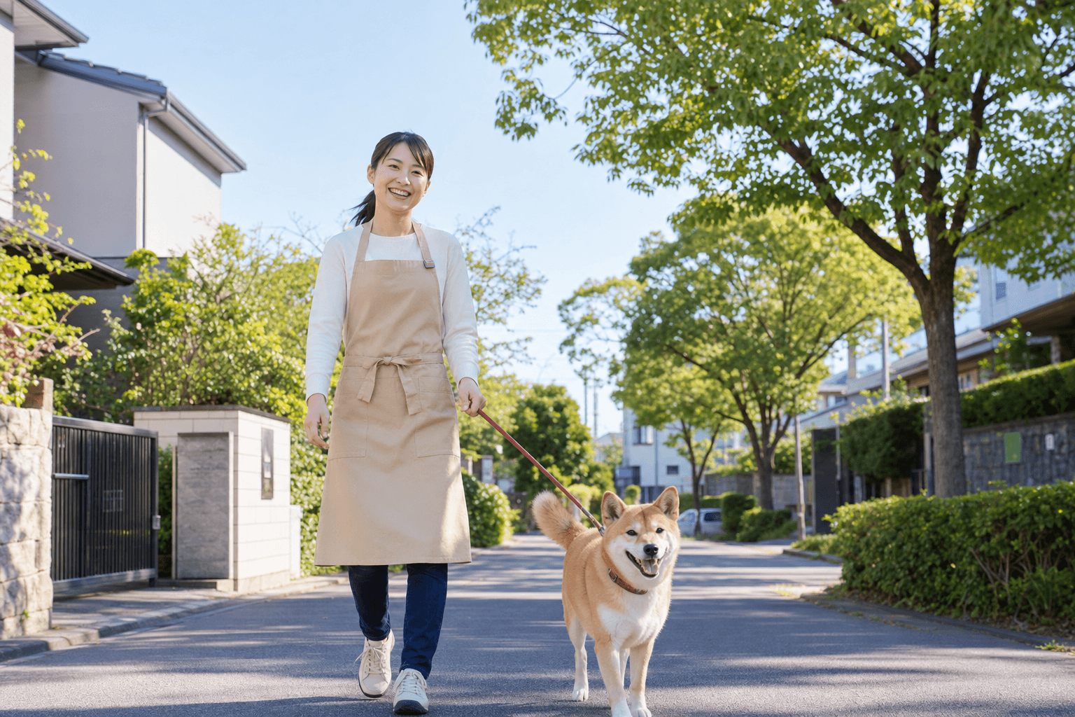 住宅街の道をペットと一緒に歩くペットシッタースタッフの様子