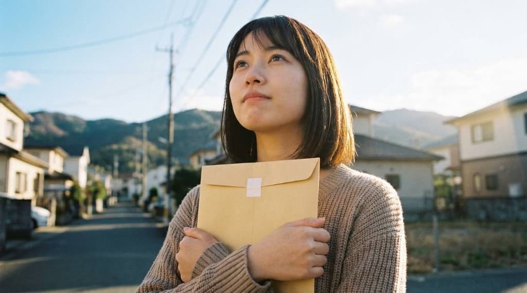 住宅街で書類を大切に抱え、安心して見上げる女性の様子